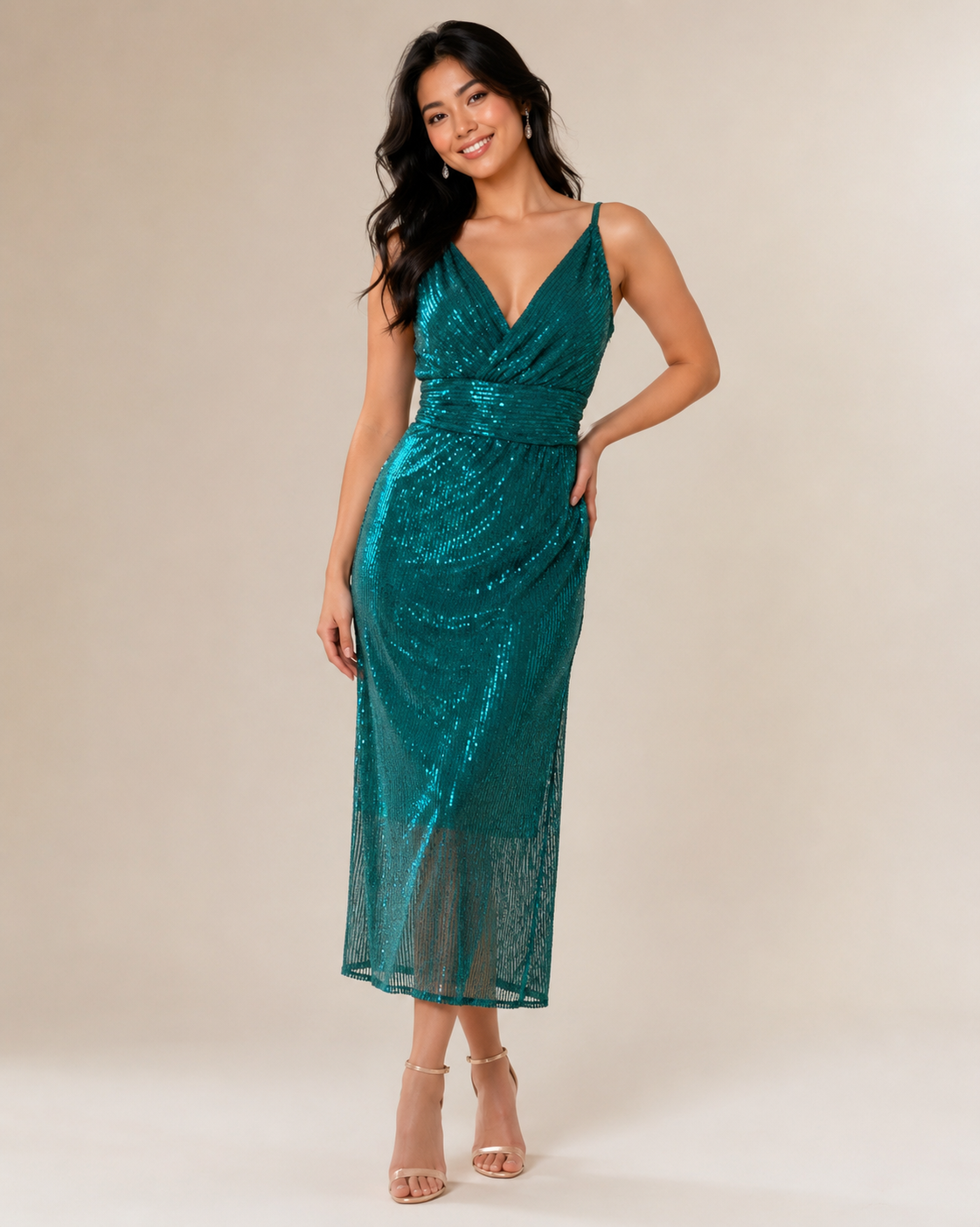 Emerald Sequin Wrap Midi — Emerald dress, size 8