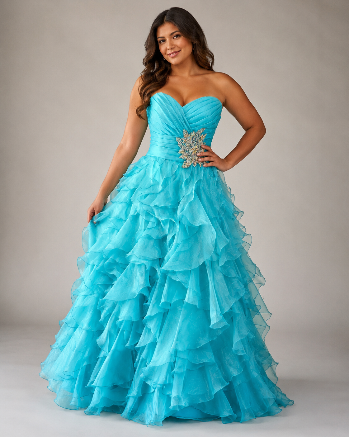Aqua Jeweled Ruffle Ballgown — Aqua dress, size 12