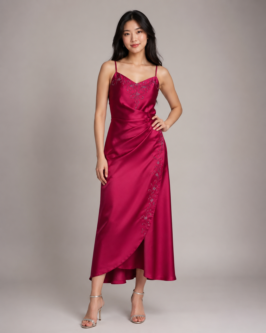Fuchsia Satin Jeweled Midi — Fuchsia dress, size 4