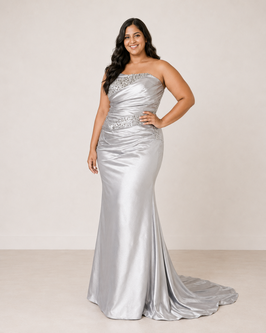 Silver Satin Jeweled Mermaid — Silver dress, size 16