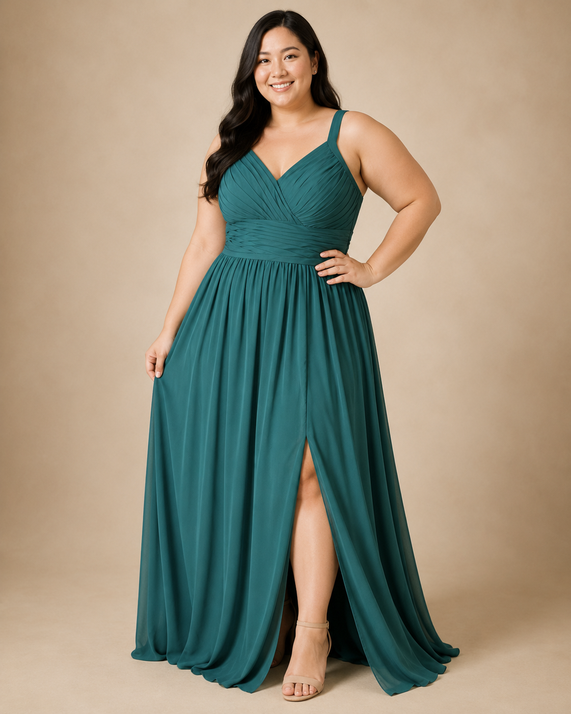 Teal Chiffon V-Neck — Teal dress, size 14