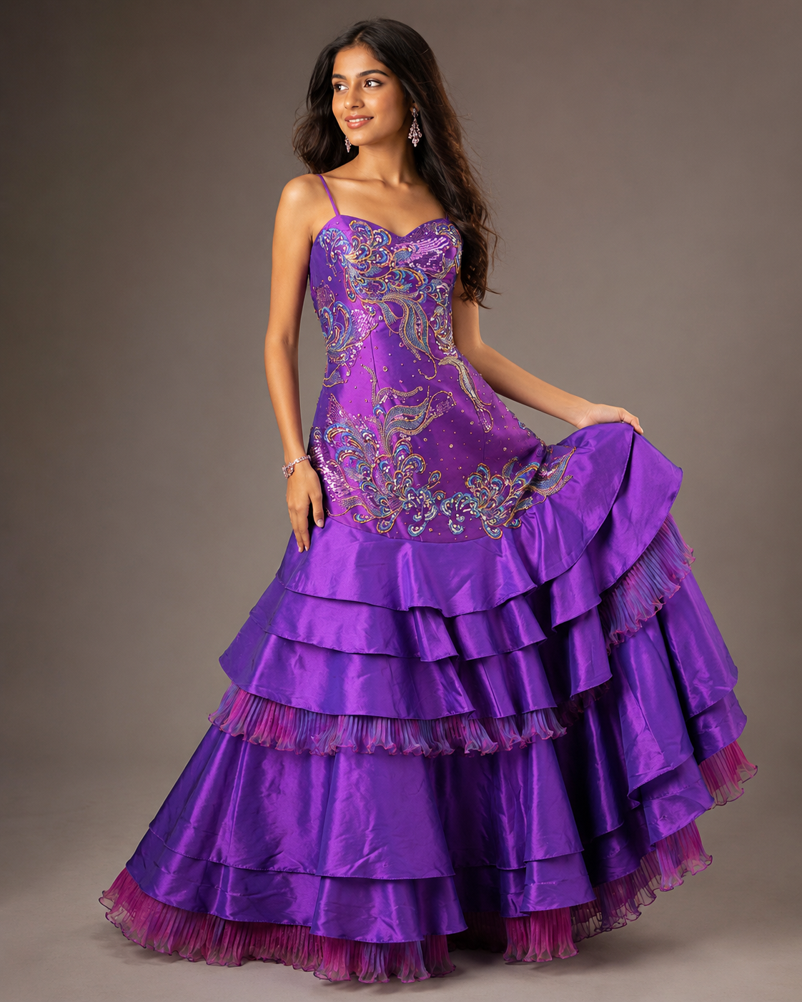 Purple Embroidered Ruffle Gown — Purple dress, size 6