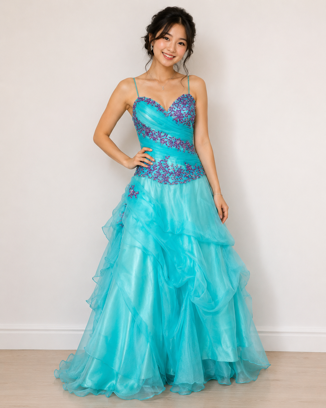 Turquoise Embroidered Ruffle Gown — Turquoise dress, size 4