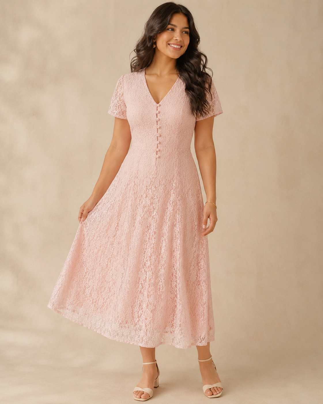 Blush Lace Button-Front Midi — Blush dress, size 12