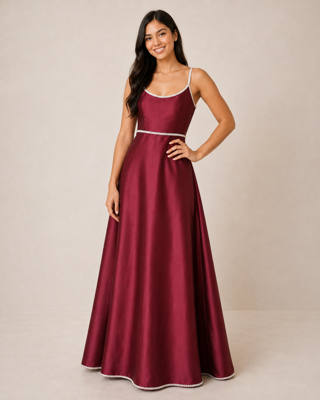 Burgundy Pearl-Trim A-Line — Burgundy dress, size 2