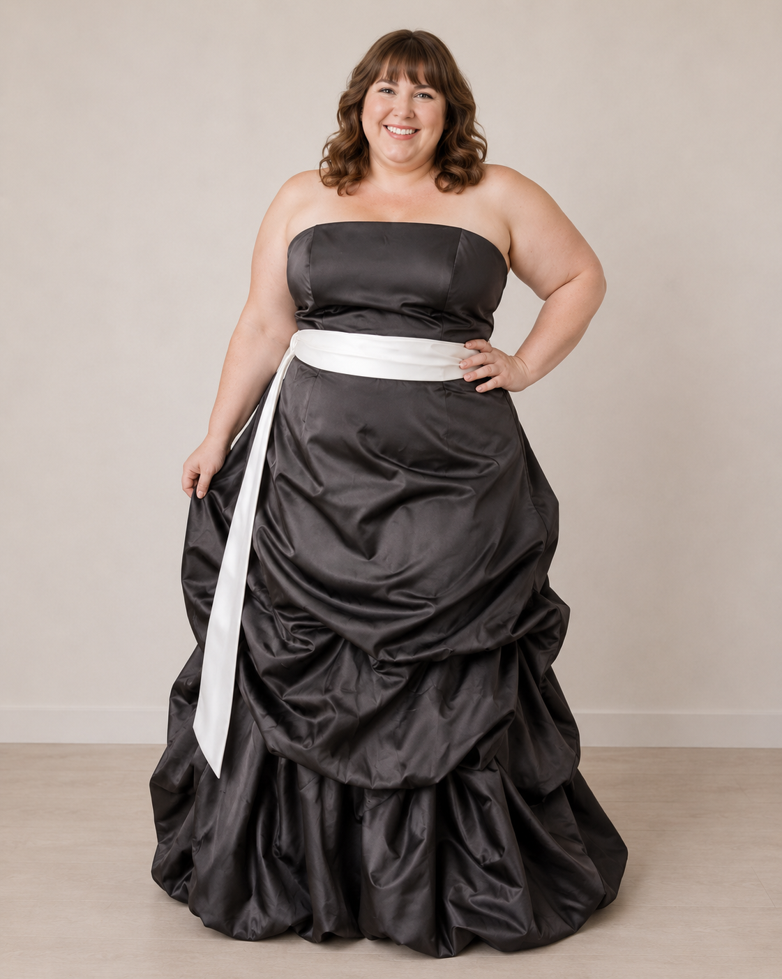 Black Satin White Sash Ballgown — Black / White dress, size 29