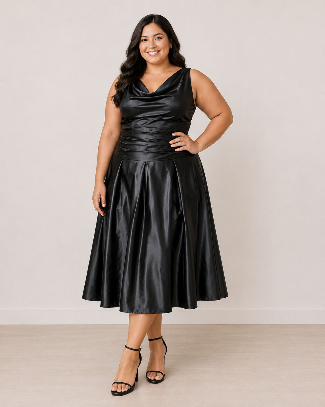 Black Satin Cowl Neck Midi — Black dress, size 20
