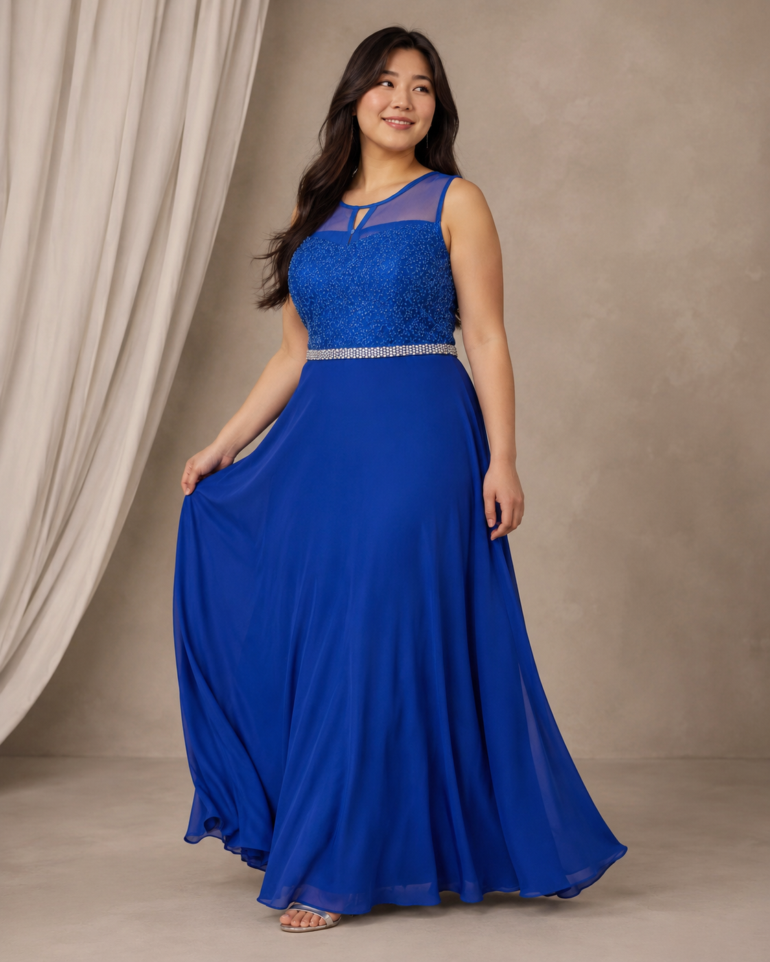 Royal Blue Beaded Illusion Gown — Royal Blue dress, size 14