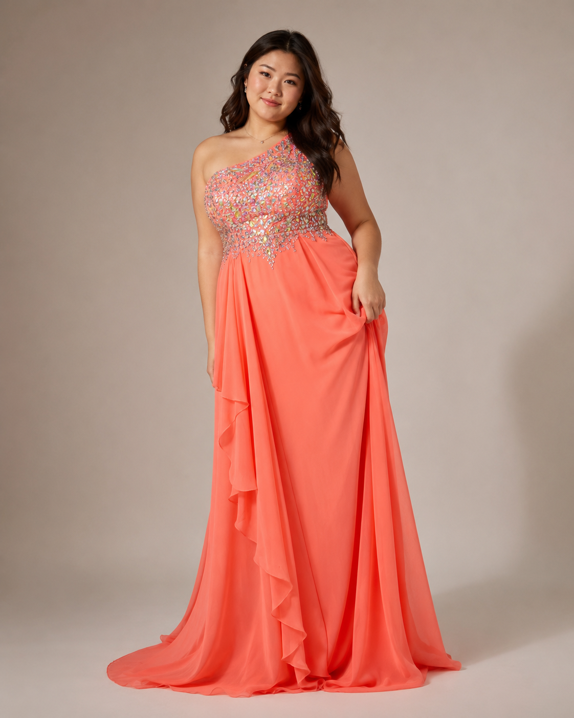 Coral Jeweled One-Shoulder — Coral dress, size 14